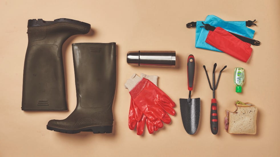 wellies, gloves and digging tools 